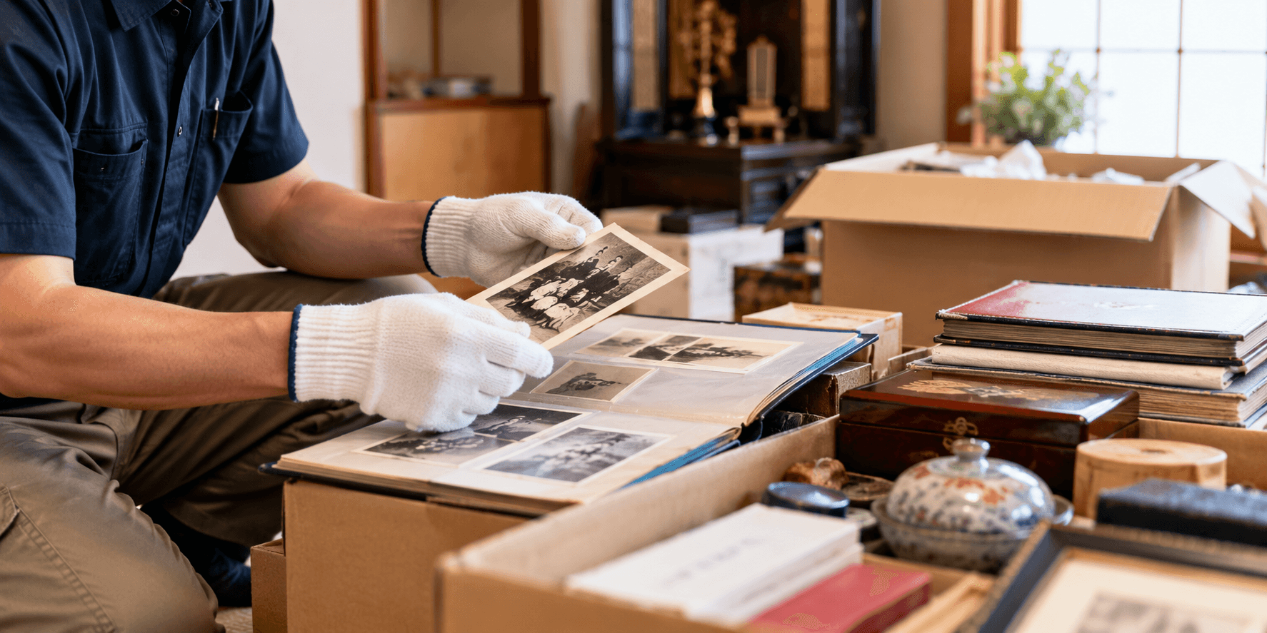 アルバムや思い出の品を丁寧に整理する様子を表現したイメージ画像